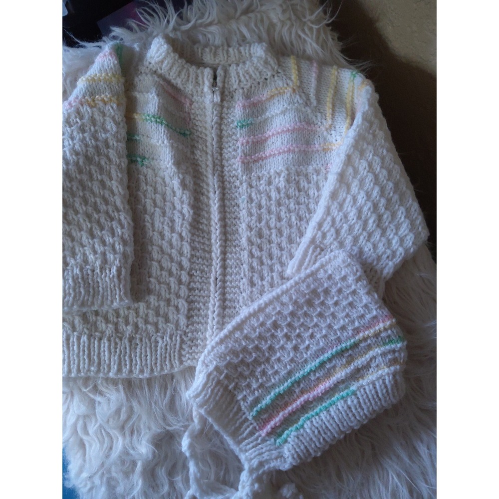 Handmade Kids Knit Sweater and Hat Set Cream Pastel Striped Honeycomb Pattern